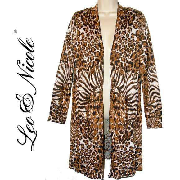 *50off3* NWT Leo & Nicole Engineered Print Open-Front Cardigan L Leopard Animal - Picture 1 of 3